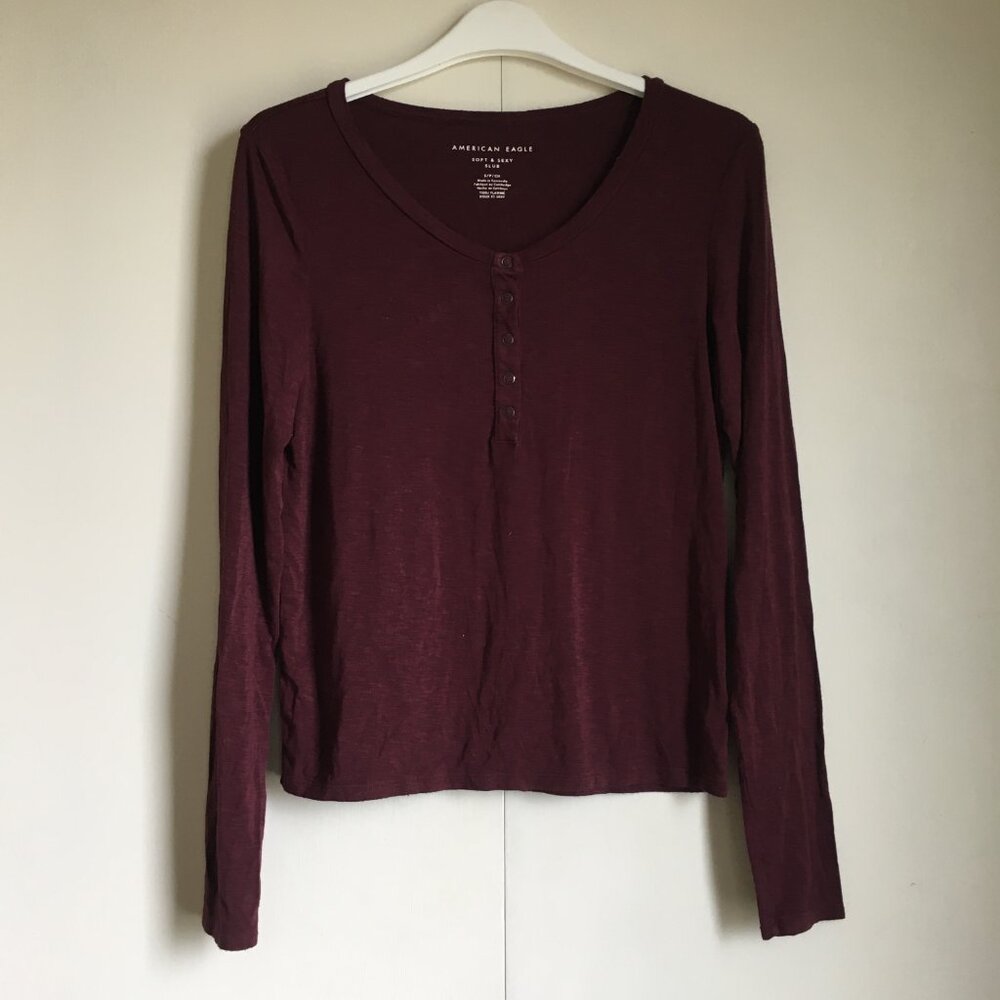 American Eagle Soft & Sexy Slub Wine Red Button-Collar Top S Balletcore